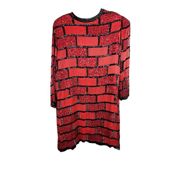 VTG Women 2X Bold Sequin Silk Red Black Beaded Geometric Retro 38" Long Jacket - Picture 7 of 11